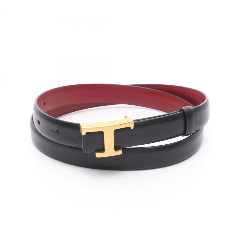 Tod's T-Timeless Gold Hardware Reversible Leather Belt for Women (Black/Burgu...